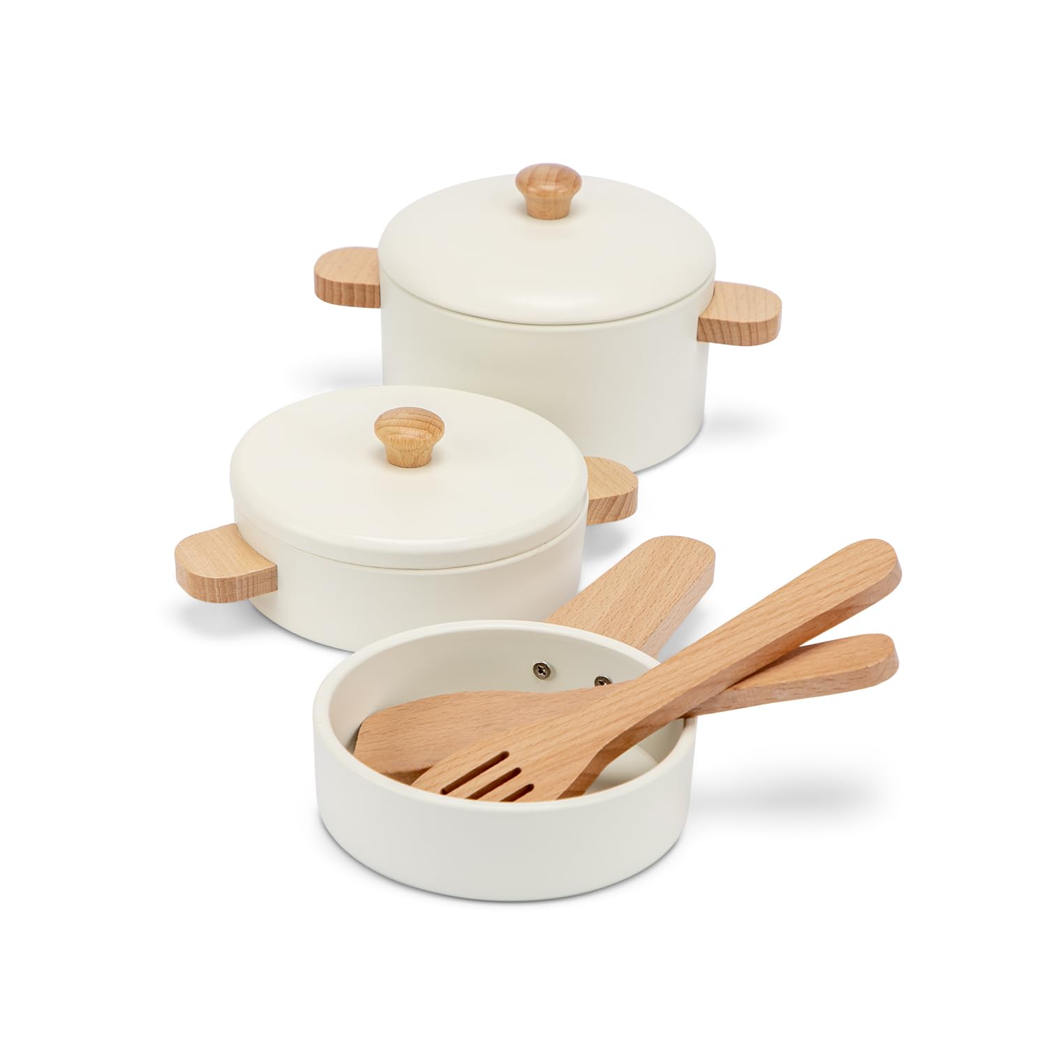 Woet Wooden Pots and Pans Set - 7-Piece FSC Wood Cookware for Toddlers 24 Months+
