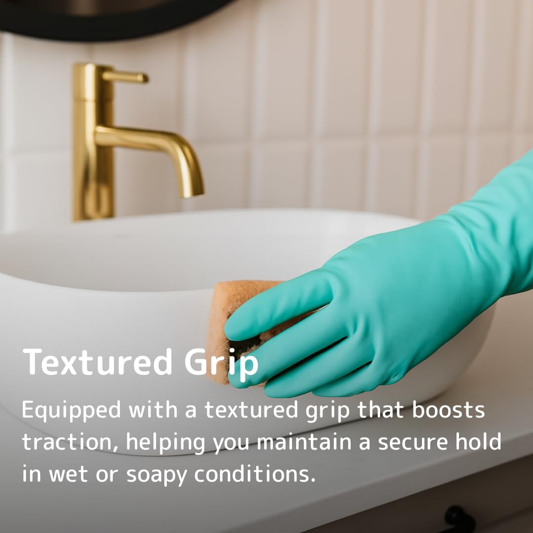 Essentialz Heavy Duty Latex Household Gloves - Green, Medium Size, Reusable Protection 3