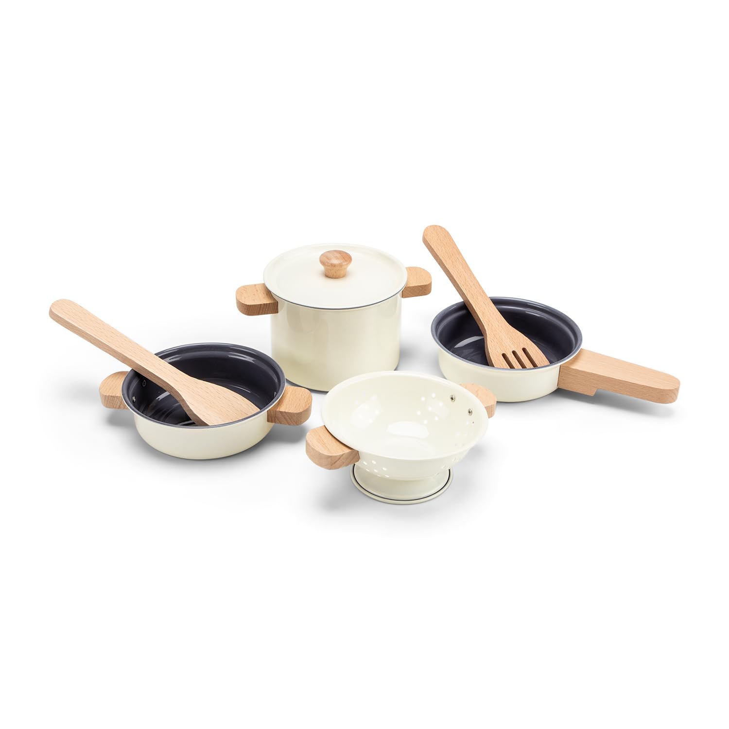 Woet Metal Pot & Pan Set - 7-Piece Off-White Toy Kitchen Playset for Toddlers 24 Months+