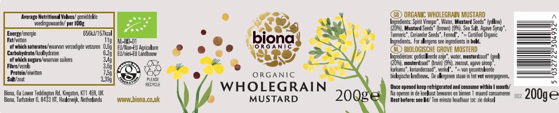 Biona Organic Wholegrain Mustard - 200g Jar | Vegan Friendly | Certified Organic 2