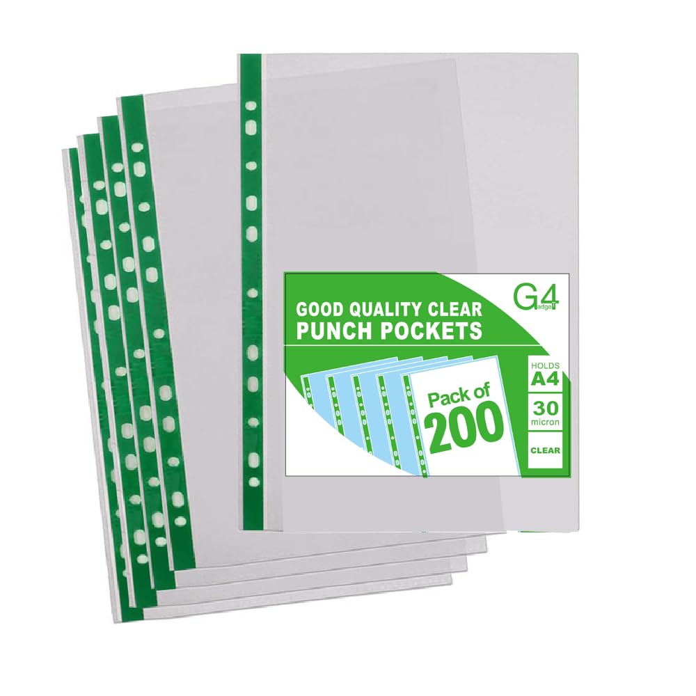 G4GADGET A4 Plastic Punched Pockets - 200 Pack Value | 10-15 Sheet Capacity | 30 Micron Clear PP