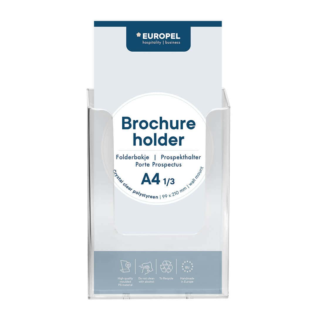 Europel Wall Mounted Brochure Holder - Clear Acrylic | For 1/3 A4 Size | Styrene 1
