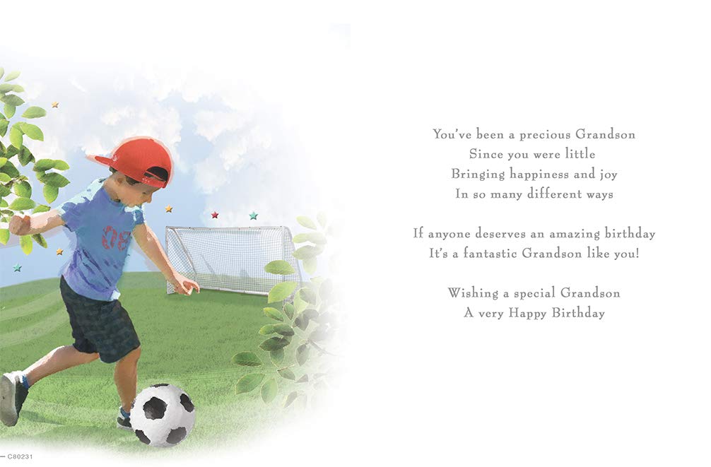 Piccadilly Greetings Grandson Birthday Card | Football Theme | 8 x 6 Inches | Black, Yellow, White, Blue