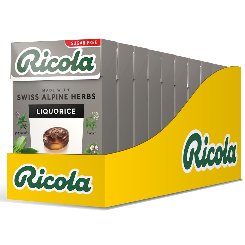 Ricola Lakritz Zuckerfreie Schweizer Kräuterbonbons, 10er-Pack Bonbonbox, Stevia-gesüßte Kräuterbonbons mit 13 Alpenkräutern, 45g
