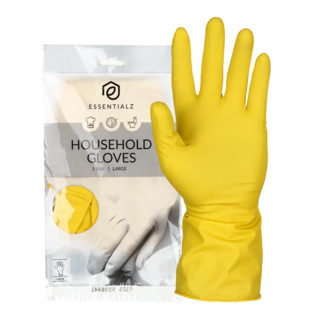 Essentialz Yellow Latex Household Gloves - Reusable, Powder-Free, Size L | CE Certified 1