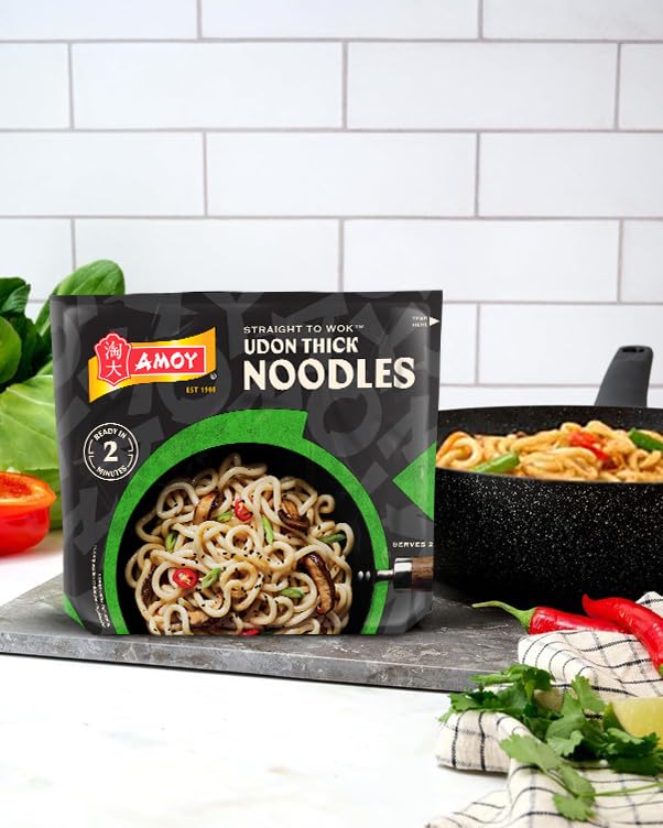 Amoy Straight To Wok Udon Thick Noodles - 2 x 150g Pack | No Artificial Colours or Flavours
