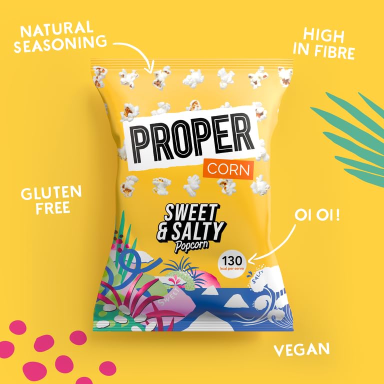 PROPER Sweet & Salty Popcorn, 90g x 8, Sharing Bags, Natural Sea Salt and Demerara Sugar