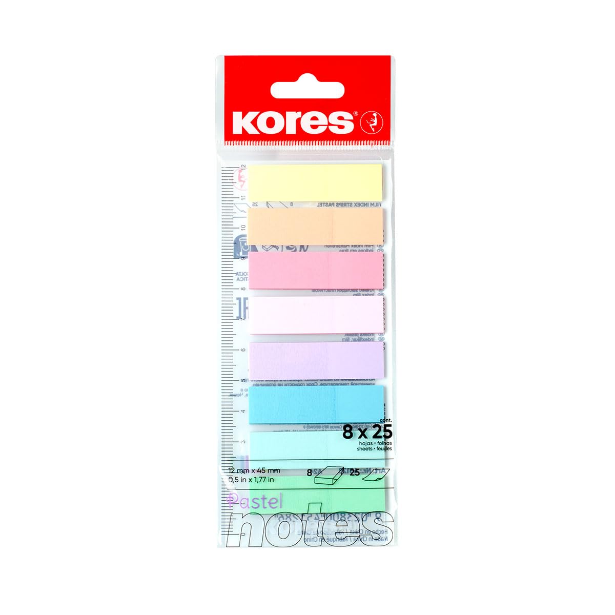 Kores Pastel Film Index Tabs with Integrated 12cm Ruler | 200 Writable Self-Adhesive Flags