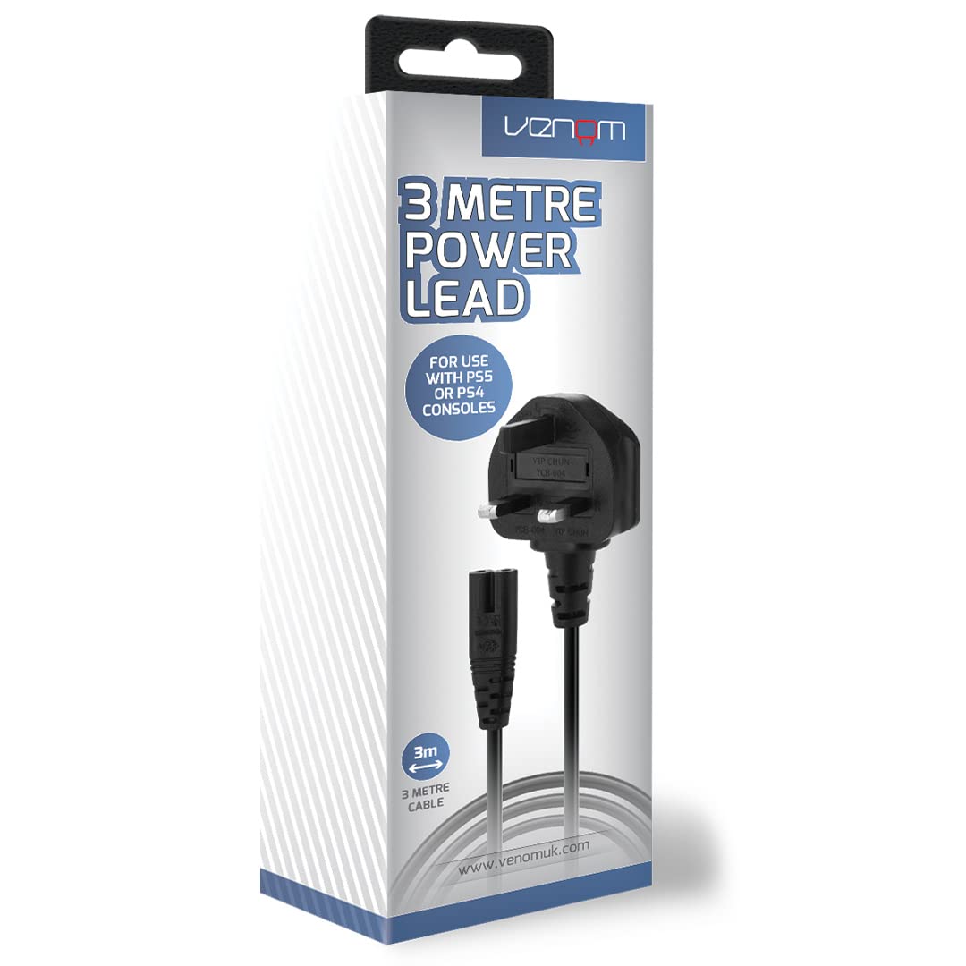 Venom Replacement Power Cable - 3 Metre Length | UK 3-Pin Plug | PS5/PS4 Compatible