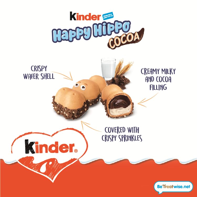 Kinder Happy Hippo Cocoa Crème - Hippo-Shaped Wafer Biscuit with Milky Cocoa Filling, 50 Biscuits (10 Packs x 5) 6