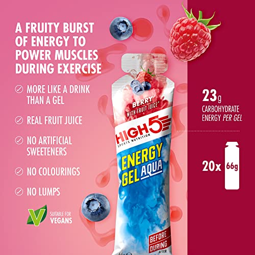 HIGH5 – Energy Gel Aqua, schnell freisetzendes Energiegel mit natürlichem Fruchtsaft (20 Beutel à 66 g, Beerengeschmack)