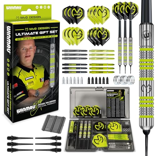 WINMAU Michael van Gerwen MvG Softip Gift Set - 50 Piece Darts Set with 4 Sets of Flights, Shafts, and Accessories