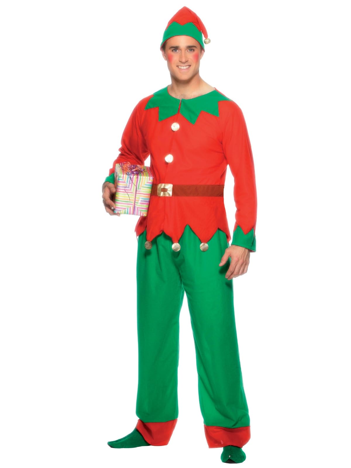 Smiffys Elf Costume - Red & Green Adult Fancy Dress with Top, Trousers & Hat