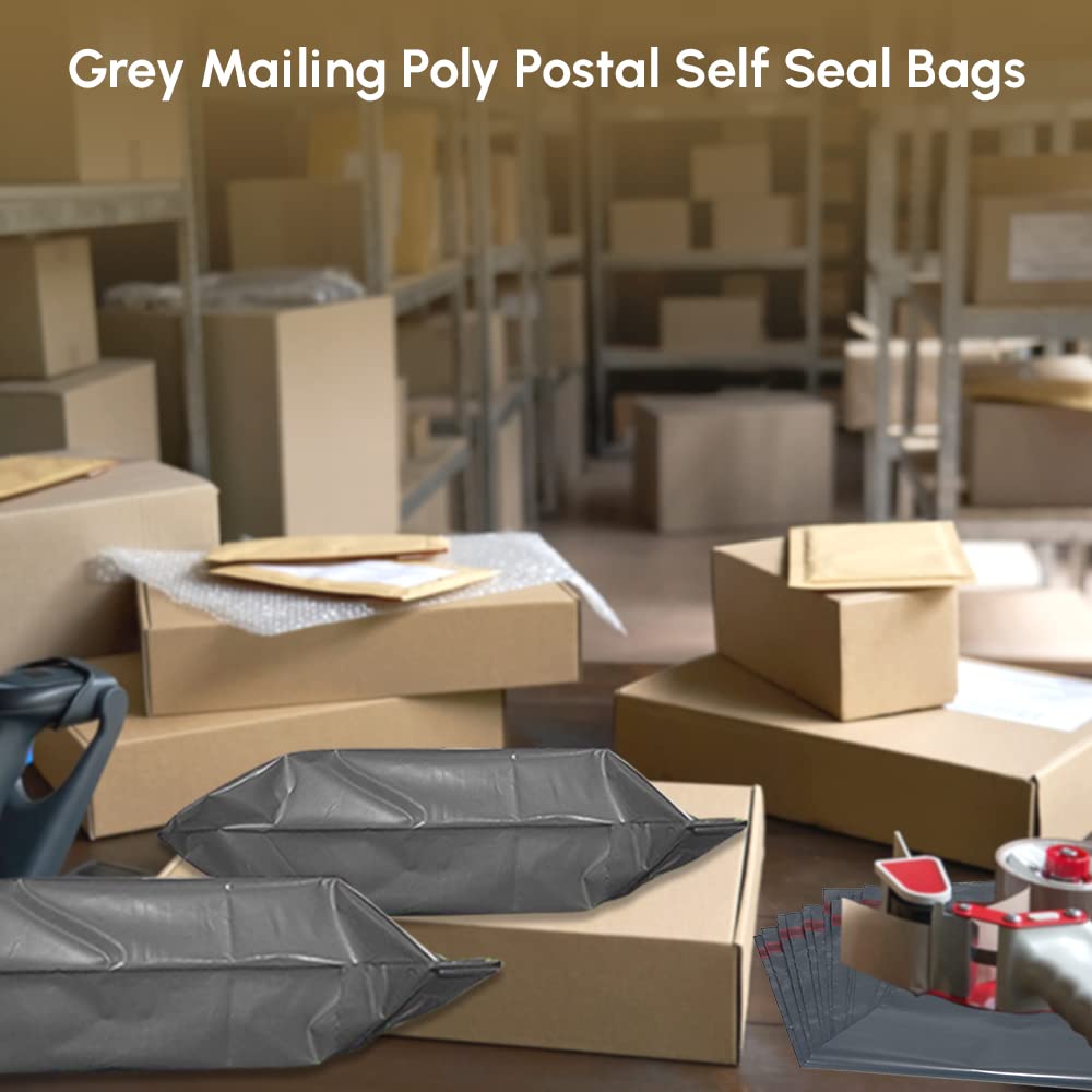 1ABOVE Grey Poly Postal Self Seal Bags - 50 Pack, 10x14 Inch, Water Resistant