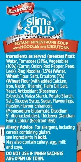 Batchelors Slim a Soup Minestrone Instant Soup - 36 Sachets Total (9 Boxes of 4) | 61g Pack Size 2