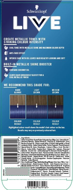 Schwarzkopf LIVE Urban Metallics Blue Mercury U67 Permanent Hair Dye with Coconut Oil - 100g 8