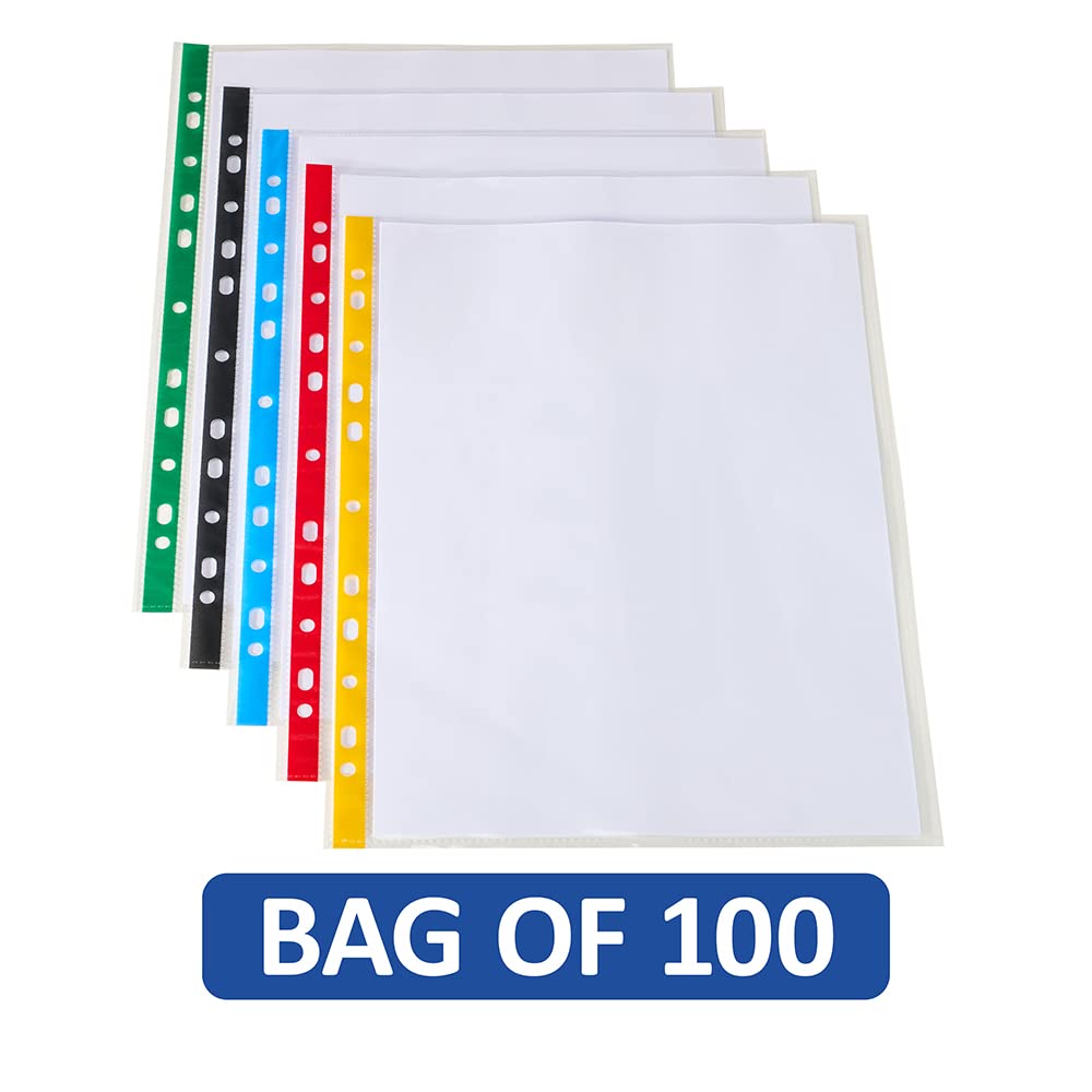 SUMMIT A4 Punched Poly Pockets - 100 Pack Multi-Colour | Universal Fit for Binders | Durable PP Protection