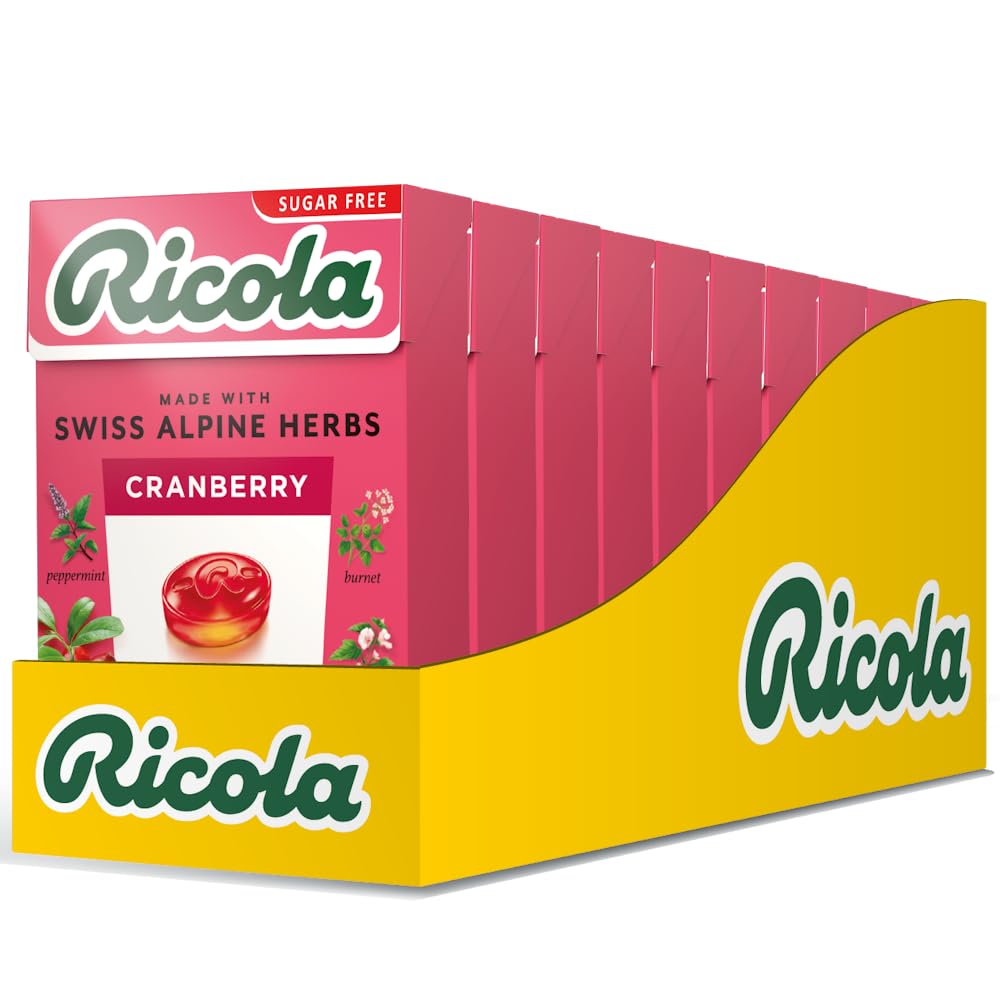 Ricola Cranberry Sugar Free Swiss Herbal Sweets - 45g Box | Sweetened with Stevia