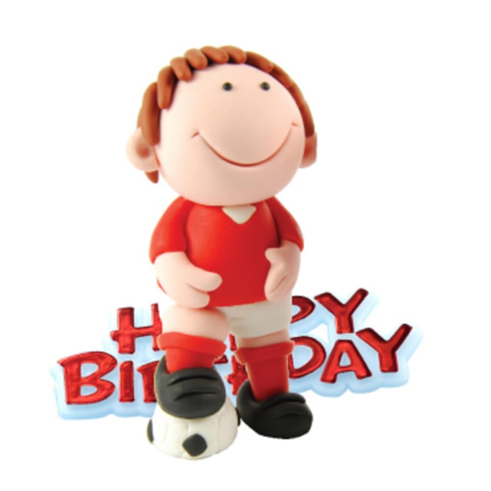 Anniversary House Fußball-Kuchenaufsatz-Andenkenset, Rot – 2-teilige Kuchendekoration aus Kunstharz mit Happy Birthday-Motto