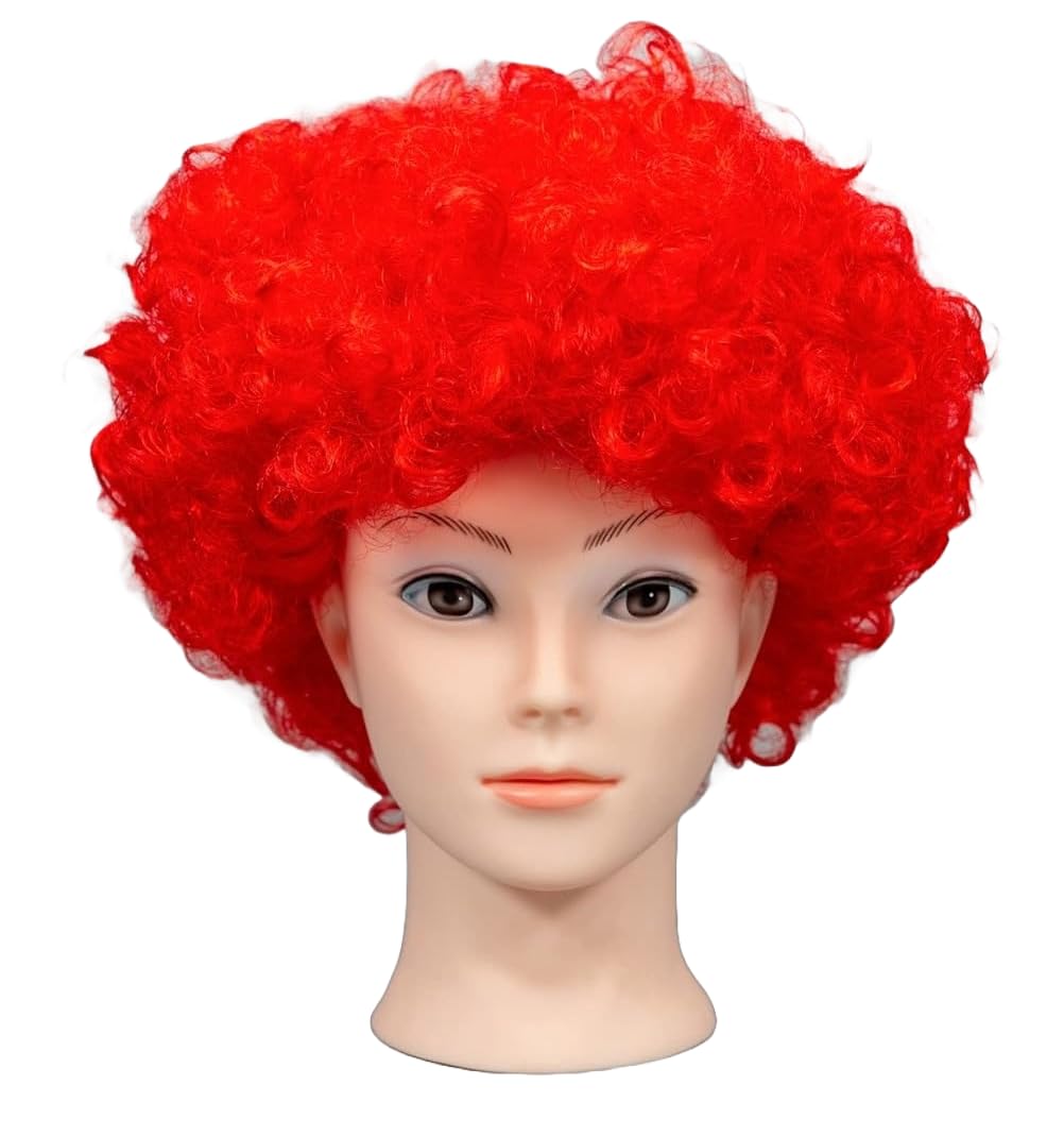 SHATCHI Red Curly Afro Wig for Fancy Dress, 70s Disco Costume, Unisex Party Accessory 1