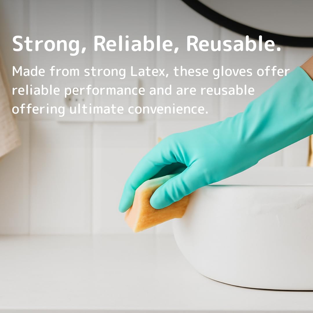 Essentialz Heavy Duty Latex Household Gloves - Green, Medium Size, Reusable Protection 2