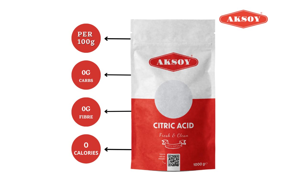AKSOY Citric Acid Food Grade - 1000g Non-GMO Anhydrous Granule De-Scaler 9