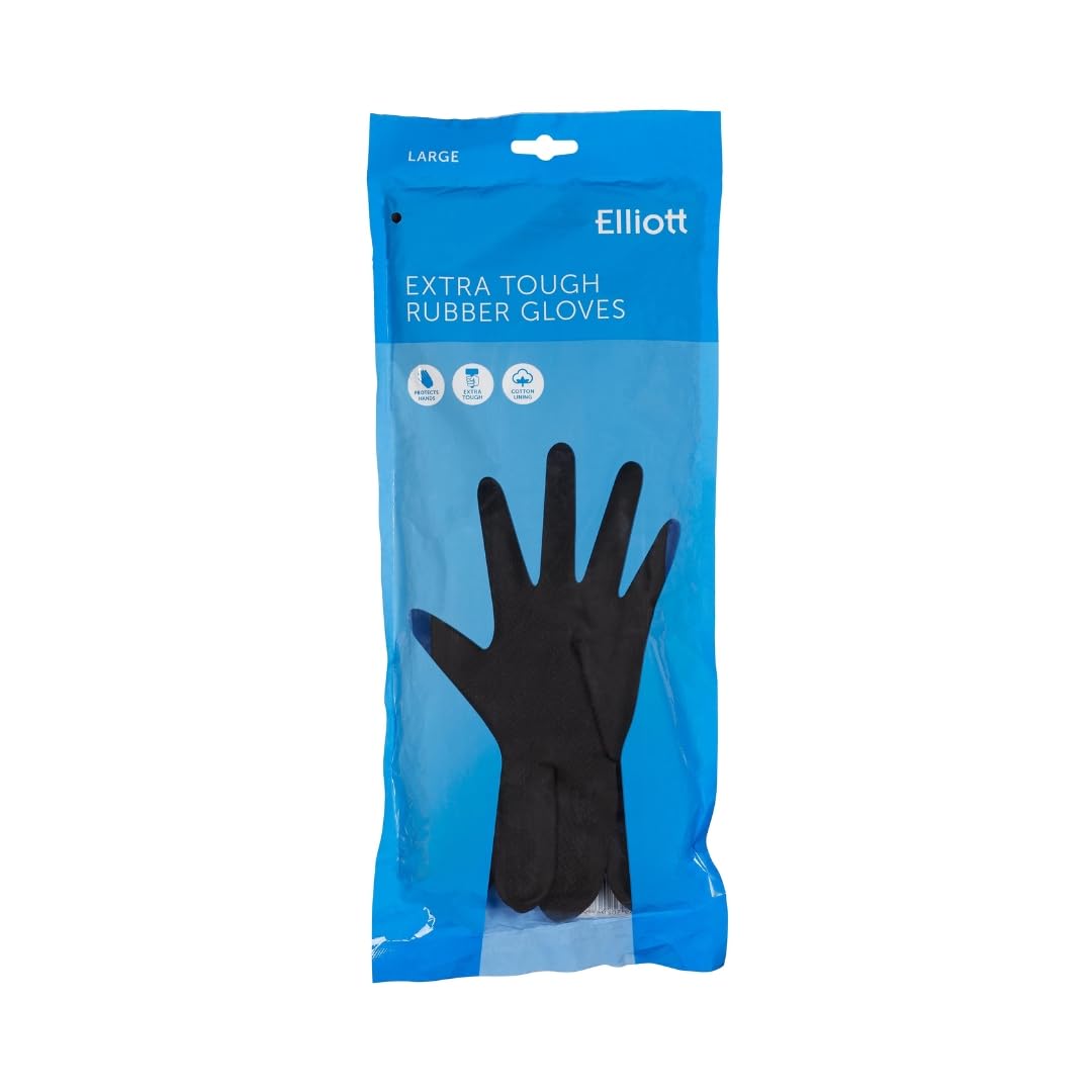 Elliott Extra Tough Rubber Cleaning Gloves - Large, Black | Non-Slip Grip | 2-Piece Pack