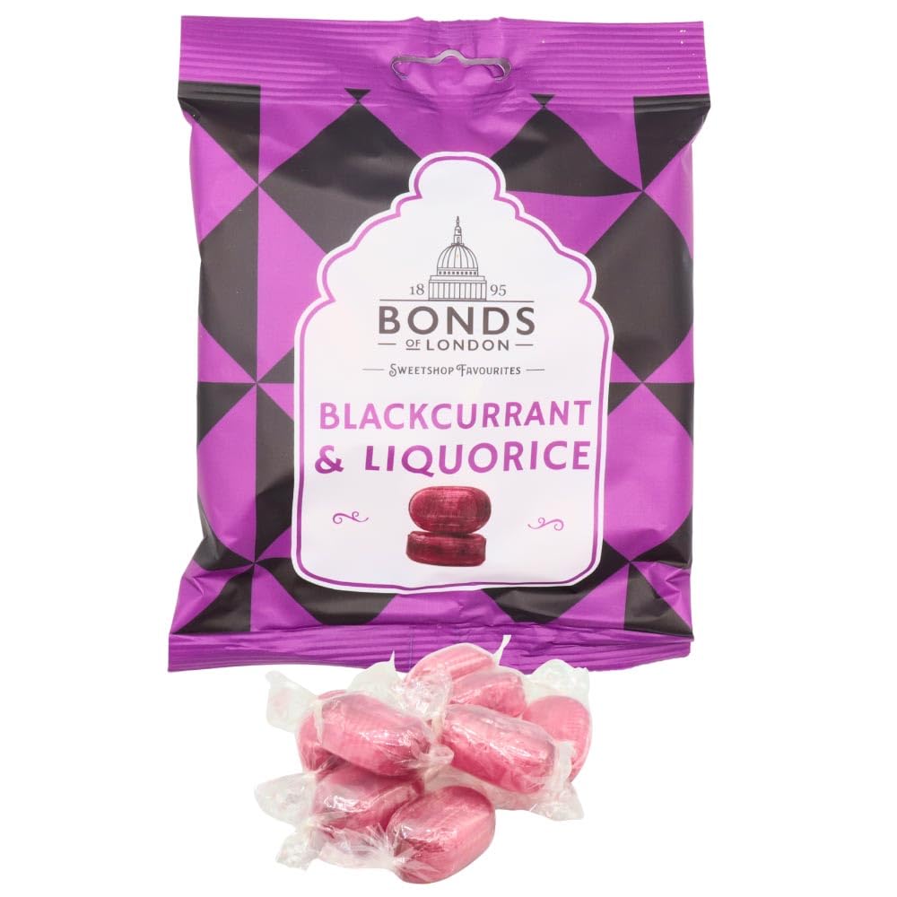 Bonds of London Blackcurrant & Liquorice Bags - Retro Vegetarian Boiled Sweets | 12 x 120g Multipack
