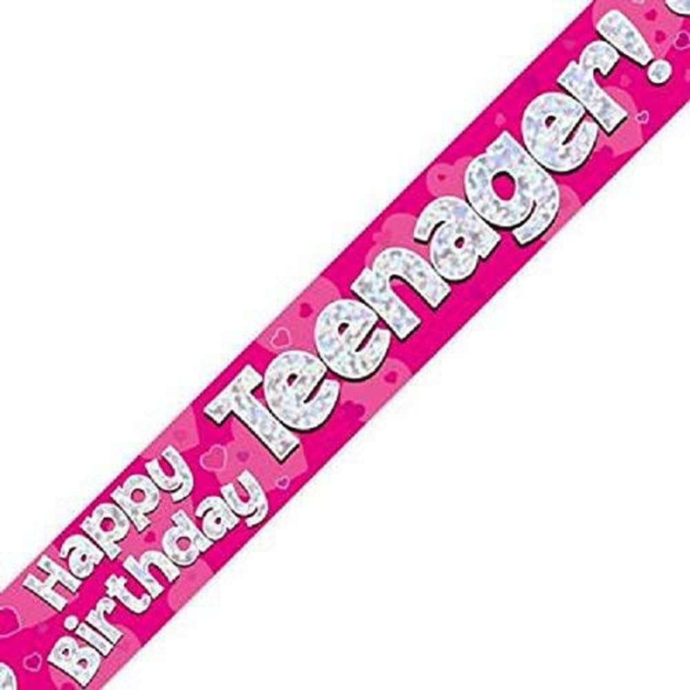OakTree Happy Birthday Teenager Banner - 9ft Pink Foil Holographic Vinyl | Foldable 1