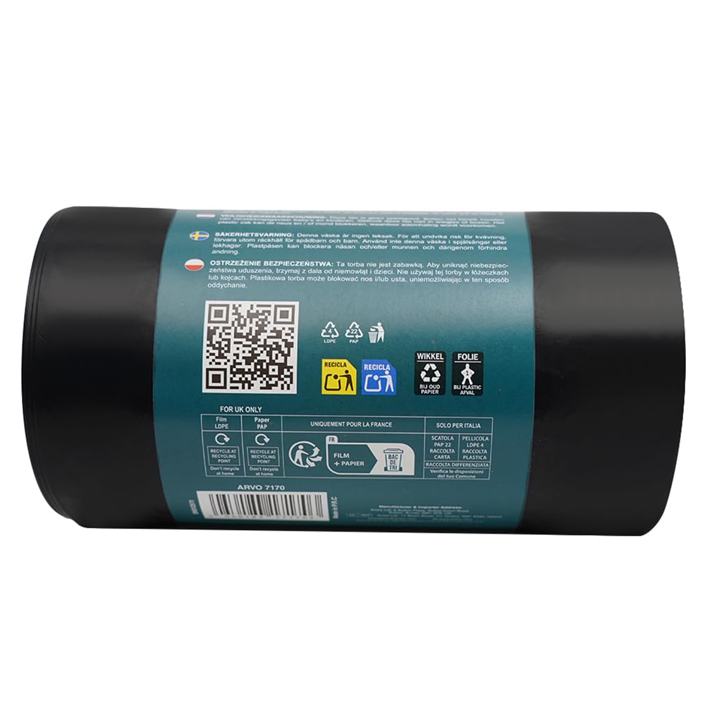 ARVO 70L Bin Bags - 40 Flat Bottom Refuse Sacks | 73 x 84 cm | 100% Recycled LDPE