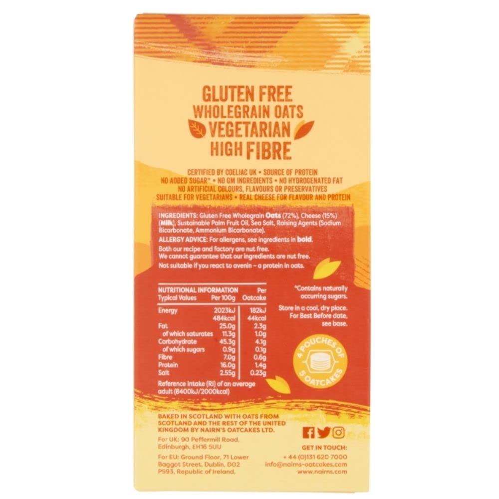 Nairn's Gluten Free Cheese Oatcakes - High Fibre | Suitable for Vegetarians | 180g Pack of 8