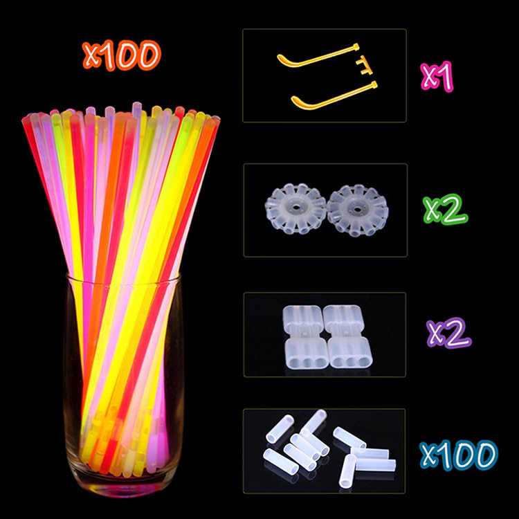 SHATCHI 100 Glow Sticks - 204 Connectors | Multi-Colour | Ages 5+