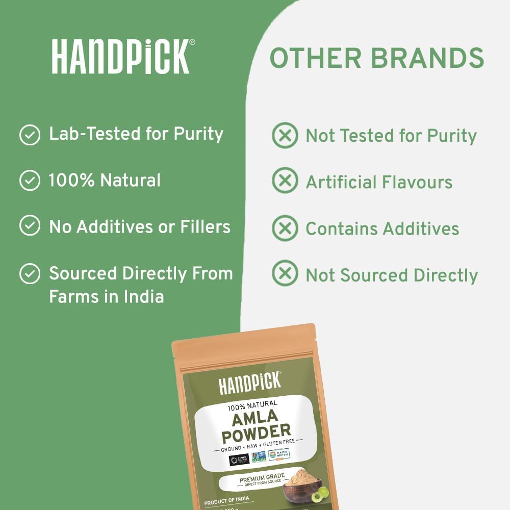 HANDPICK Amla-Pulver (500 g) – Rohes indisches Stachelbeerpulver aus Maharashtra | Gentechnikfrei, wiederverschließbarer Beutel