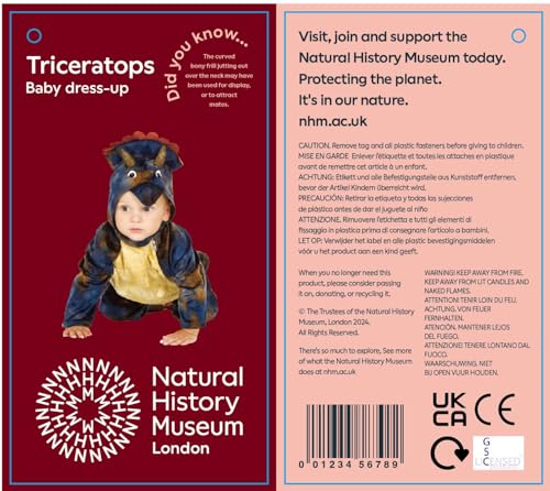 PRETEND TO BEE Baby Triceratops Dinosaur Dress Up Costume - Official Natural History Museum Onesie for Toddlers 12-18 Months 18