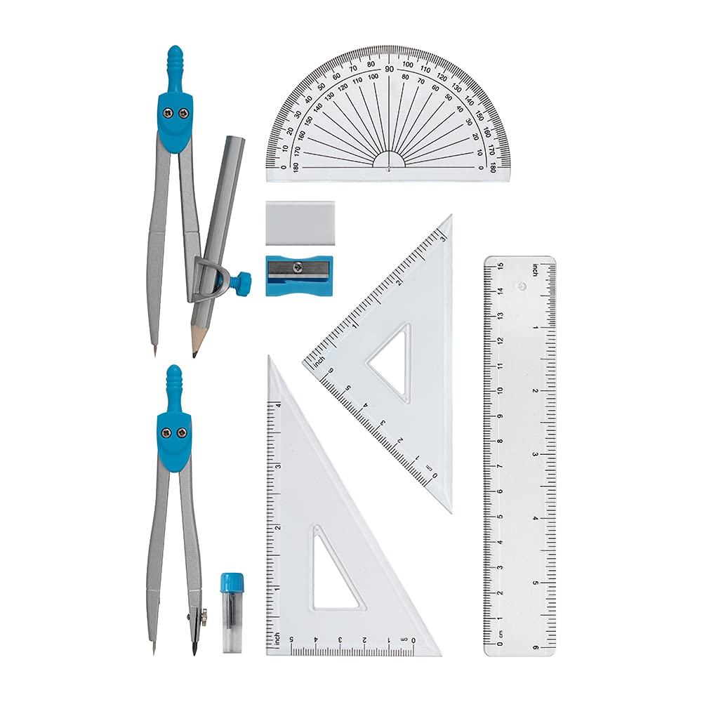 Linex 10-Piece Maths Geometry Set - Complete Exam Kit with Transparent Case, Blue 3