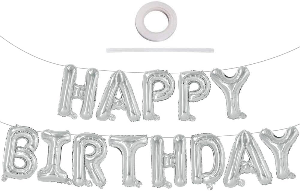TONIFUL Silver Happy Birthday Balloons Banner, 16 Inch Foil Letter Balloons Party Decoration (15 Pcs)