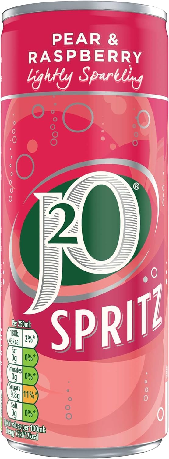 J2O Fruit Juice Spritz Blend - Pear and Raspberry, Lightly Fizzed | Low Calorie | Vegan | Pack of 4 x 250ml Cans