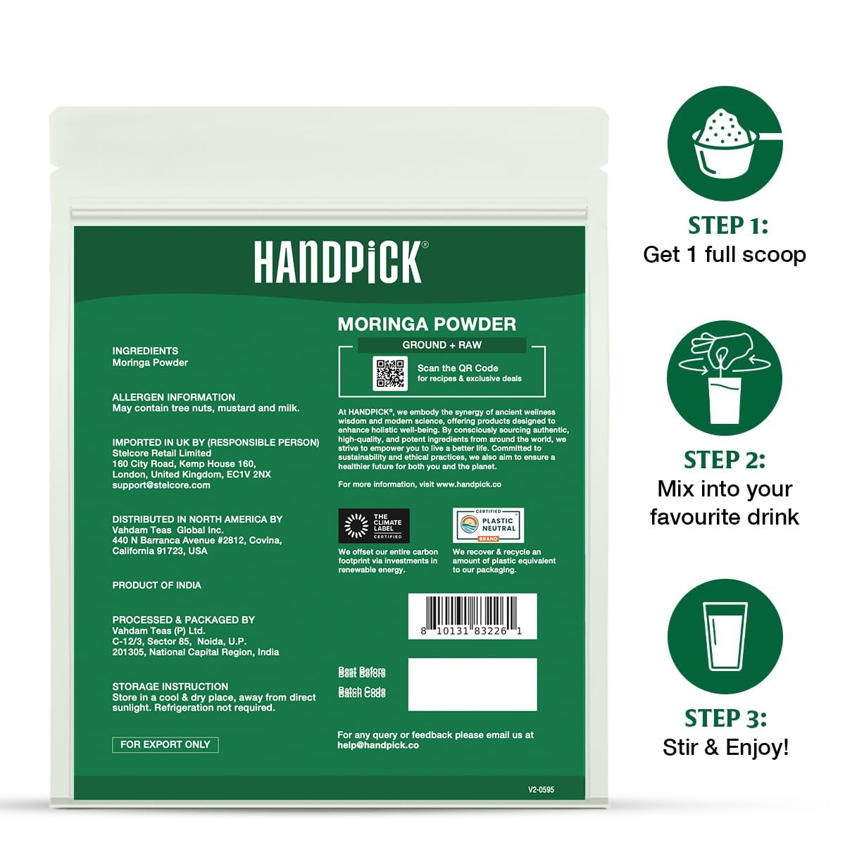 HANDPICK Moringa Powder - Pure Moringa Oleifera Leaves for Smoothies, Lattes & Tea | 500g Resealable Pouch 9