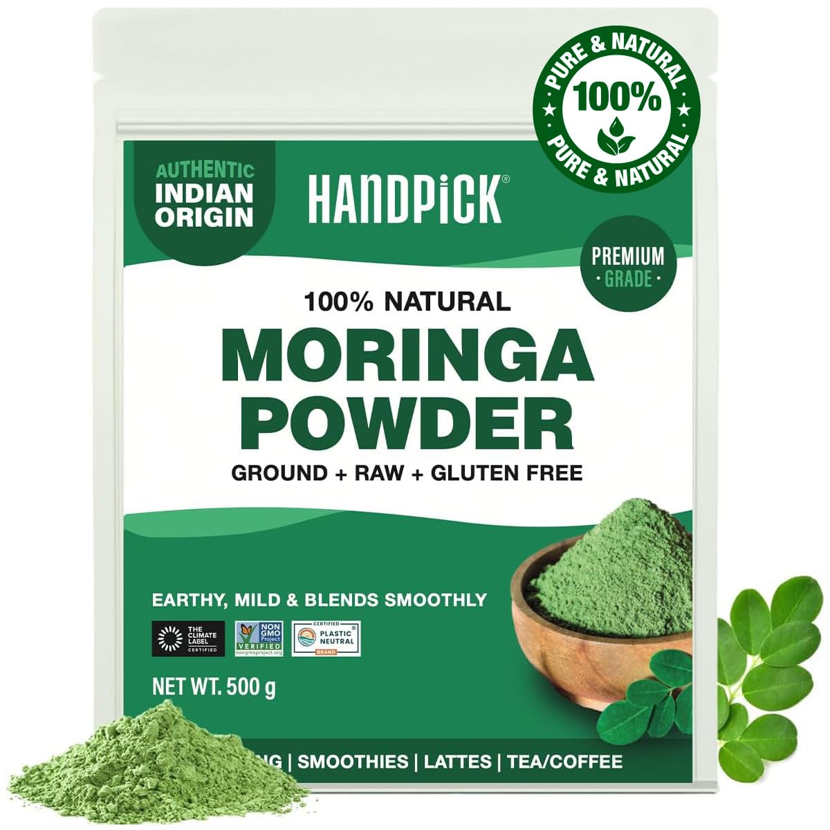 HANDPICK Moringa Powder - Pure Moringa Oleifera Leaves for Smoothies, Lattes & Tea | 500g Resealable Pouch 1