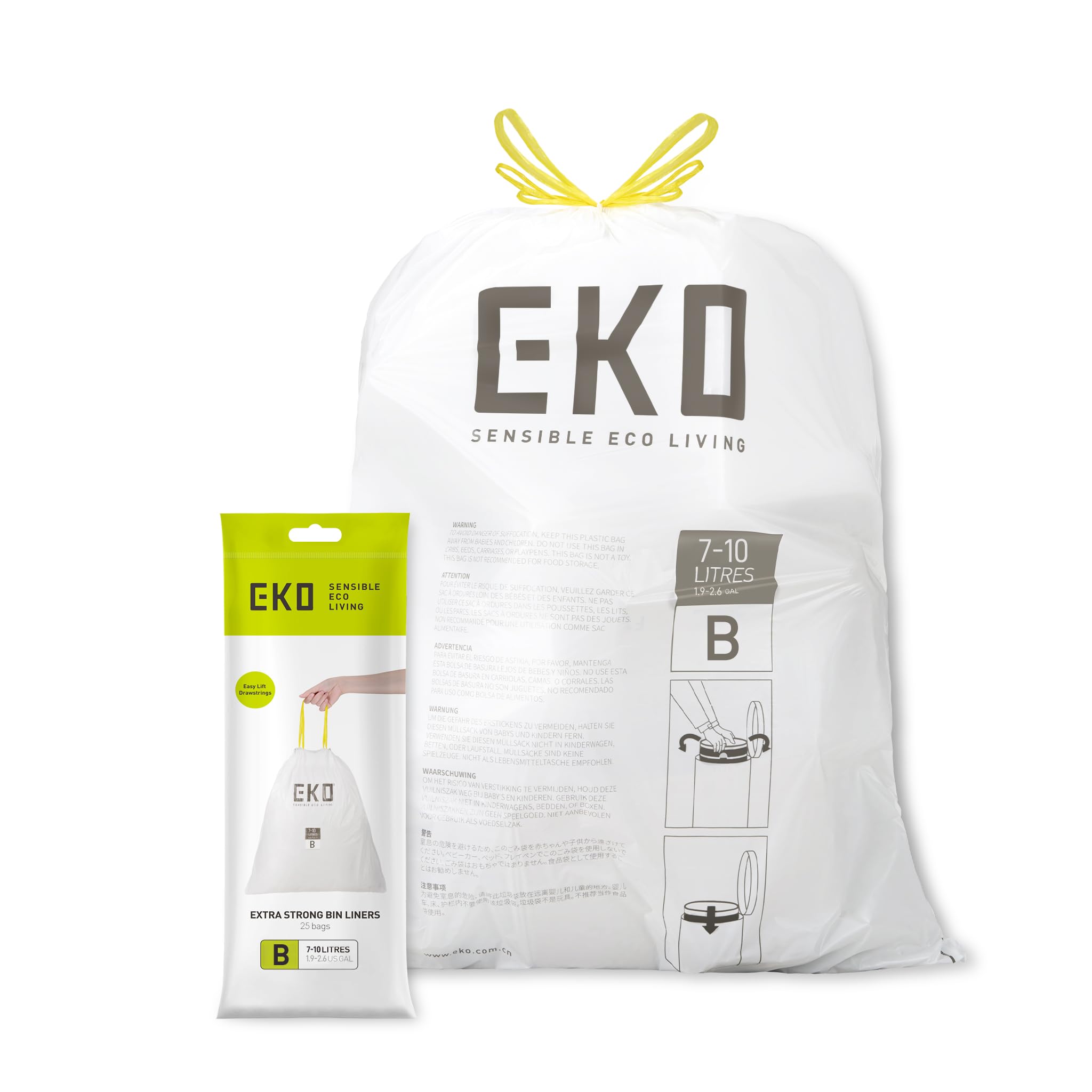 EKO Size B Bin Liners - Extra Strong, Drawstring Tie Handles | 7-10 Litre Capacity | 25 Count