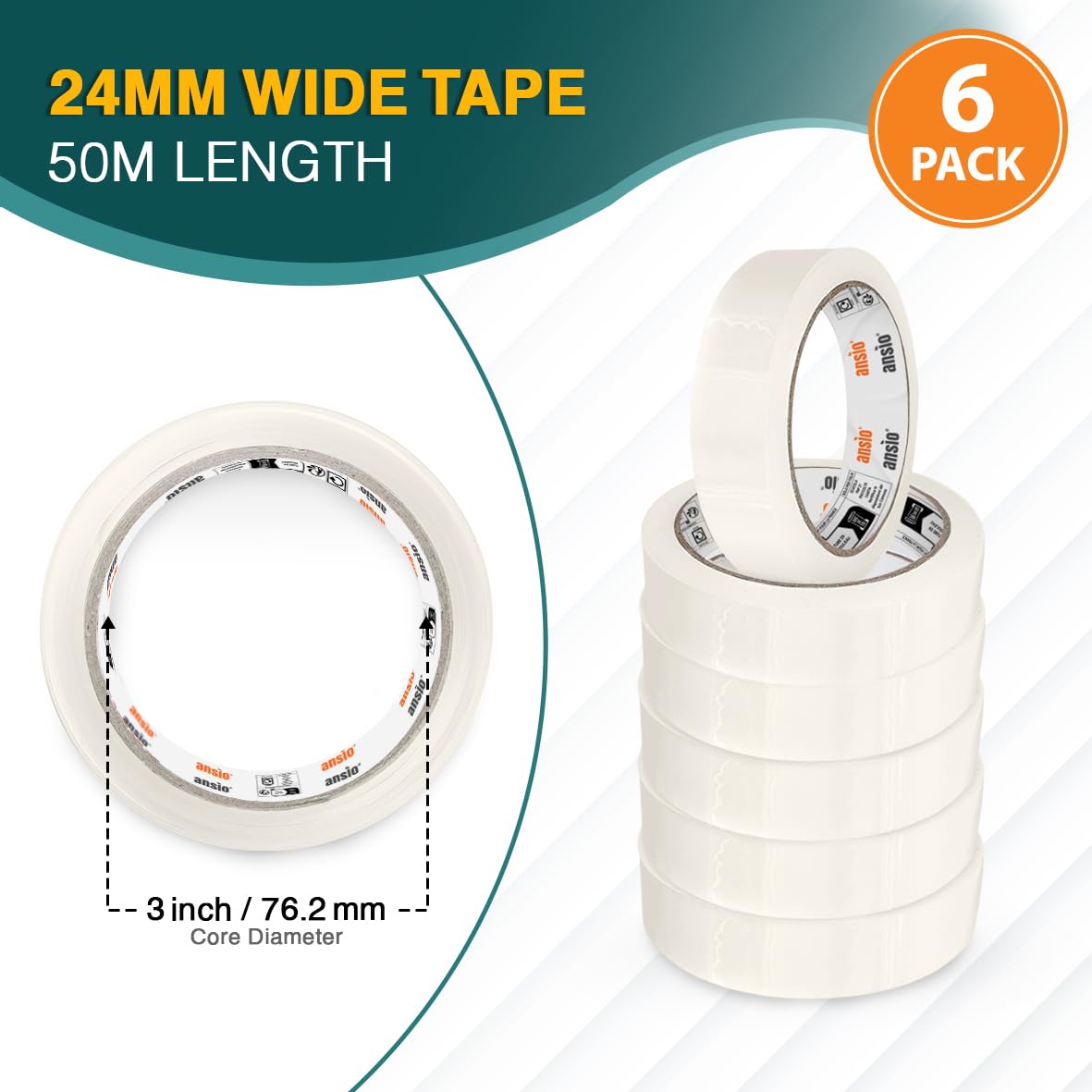 ANSIO Easy Tear Clear Cello Tape - 24mm x 50m Rolls | Pack of 6 | Transparent Office Tape 3