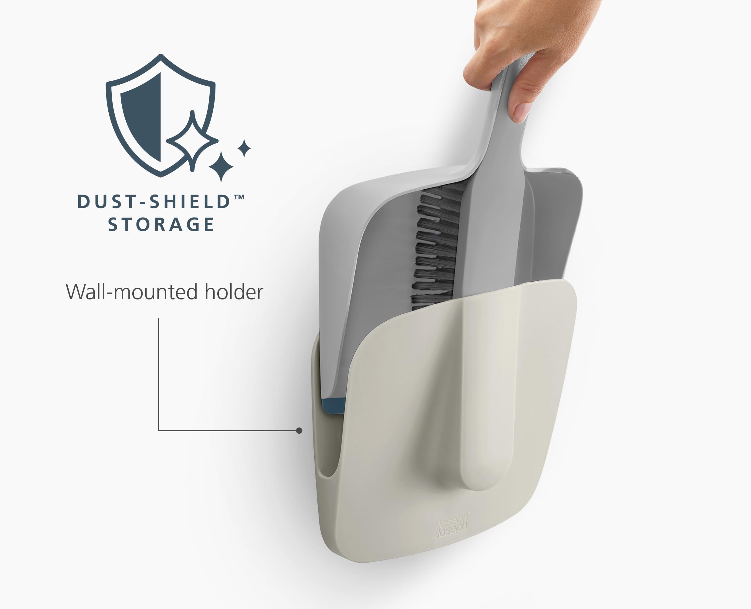 Joseph Joseph CleanTech Wall-mounted Dustpan & Brush Set | Stone Color | Rubber Edge 4