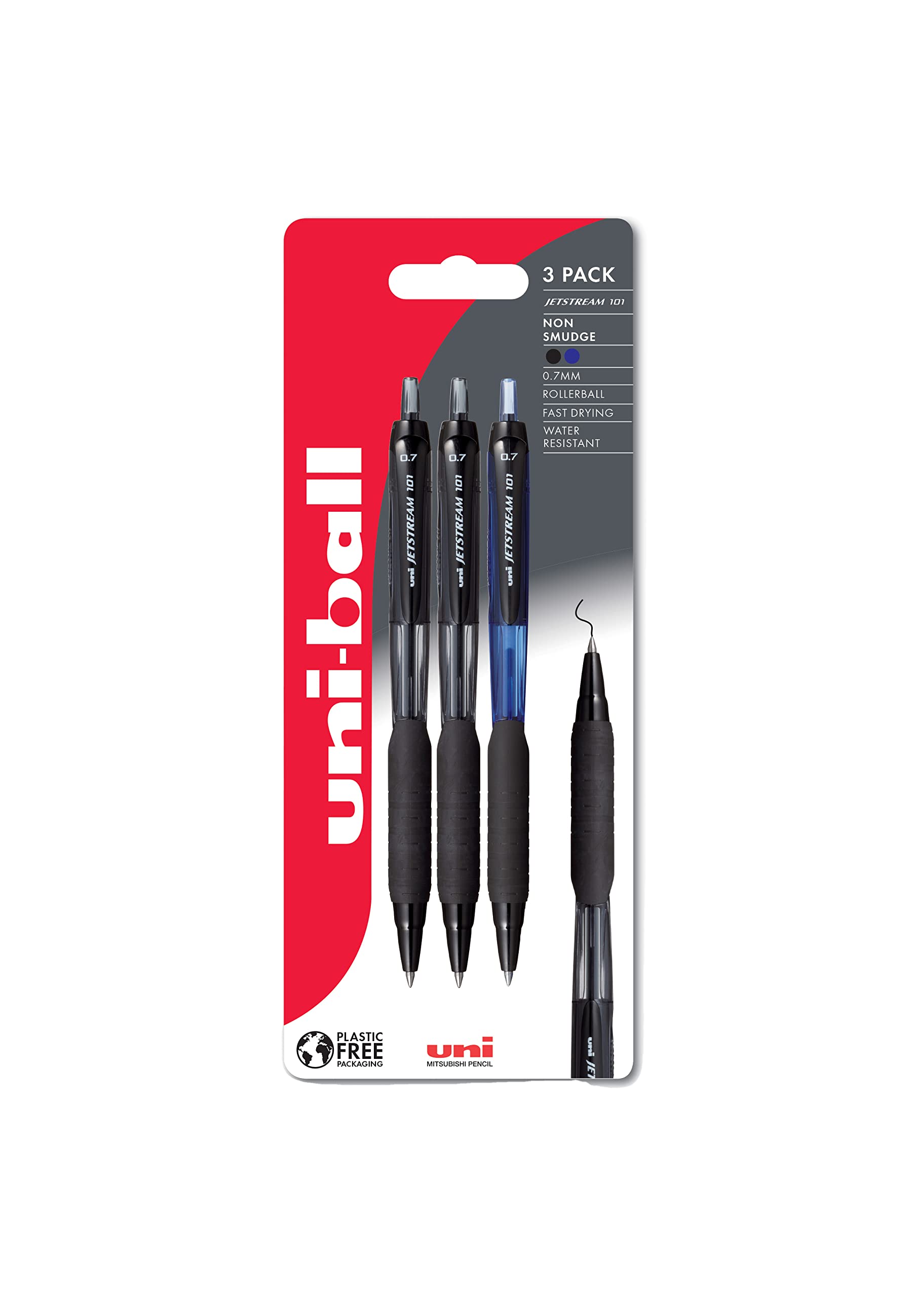 uni-ball Jetstream 101 Retractable Gel Pens - 0.7mm Fine Tip | Black & Blue Ink | Pack of 3