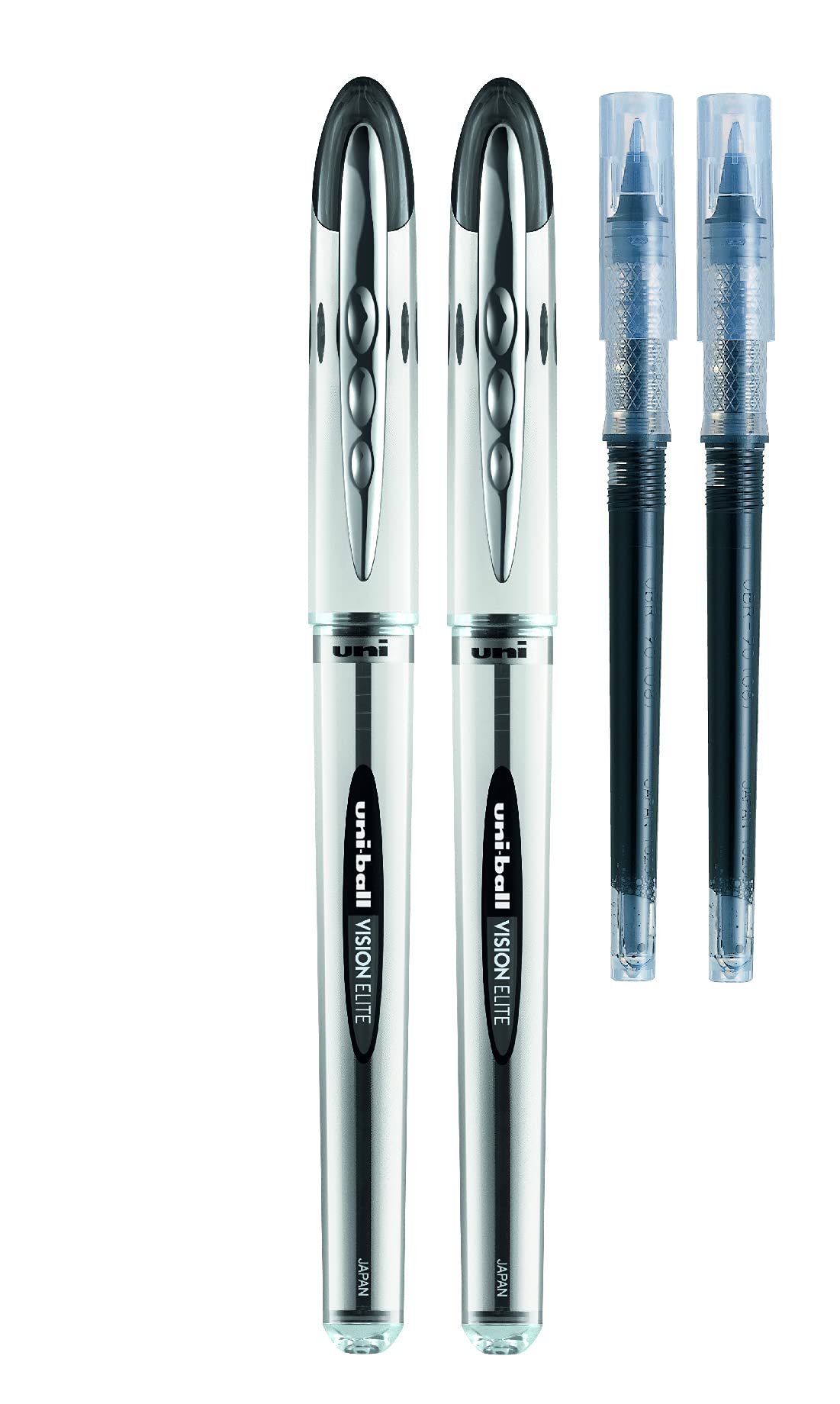 uni-ball Vision Elite Rollerball Pens - Medium 0.8mm Tip, Black Ink, 4-Piece Set with 2 Refills