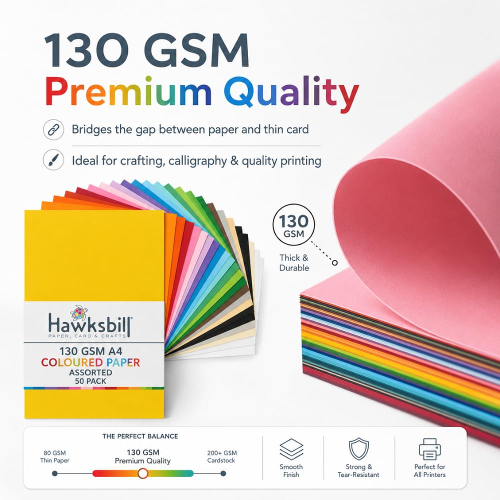 Hawksbill A4 Coloured Paper - 130GSM Premium Quality | 50 Assorted Rainbow Sheets | Ideal for Arts & Crafts
