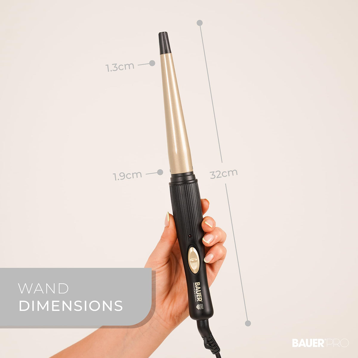 Bauer Professional 38870 Tourmaline Coated Curling Wand - 13–19mm, 180°C, Black