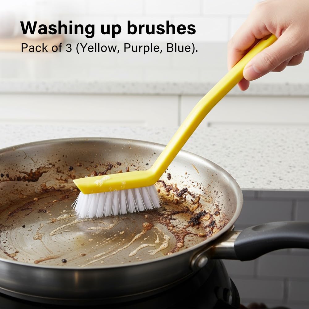 Vivo Technologies - Washing Up Brushes Pack of 3 | Non-Slip Grip with Built-In Scraper for Kitchen Cleaning 9