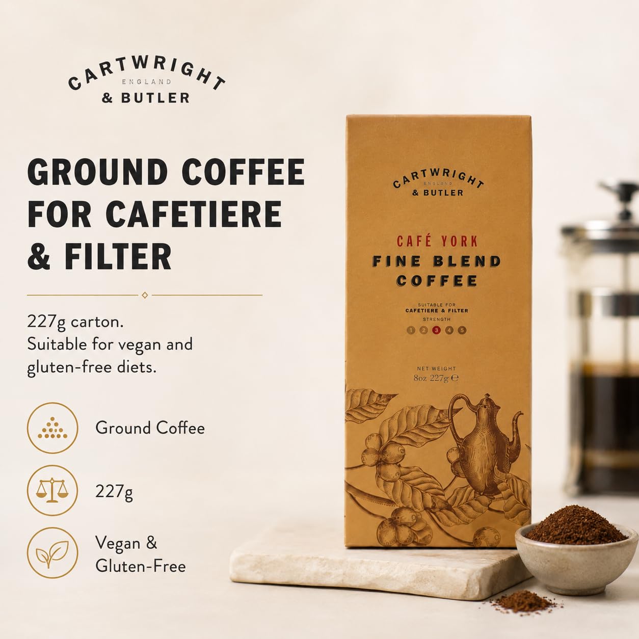Cartwright & Butler Cafe York Blend Ground Coffee - 100% Arabica | Medium Roast | 227g Carton 6