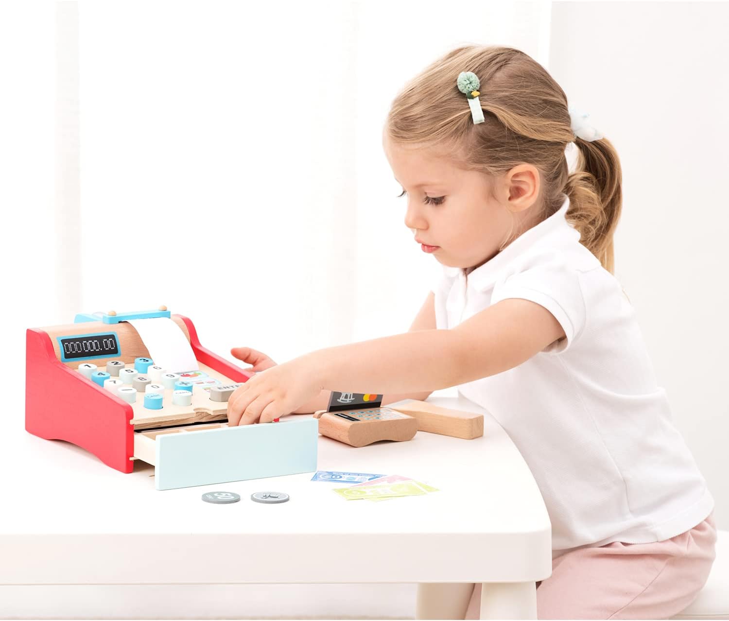 New Classic Toys Bon Appetit Wooden Cash Register Set Pretend Play Toy for Kids 3 Years and Up