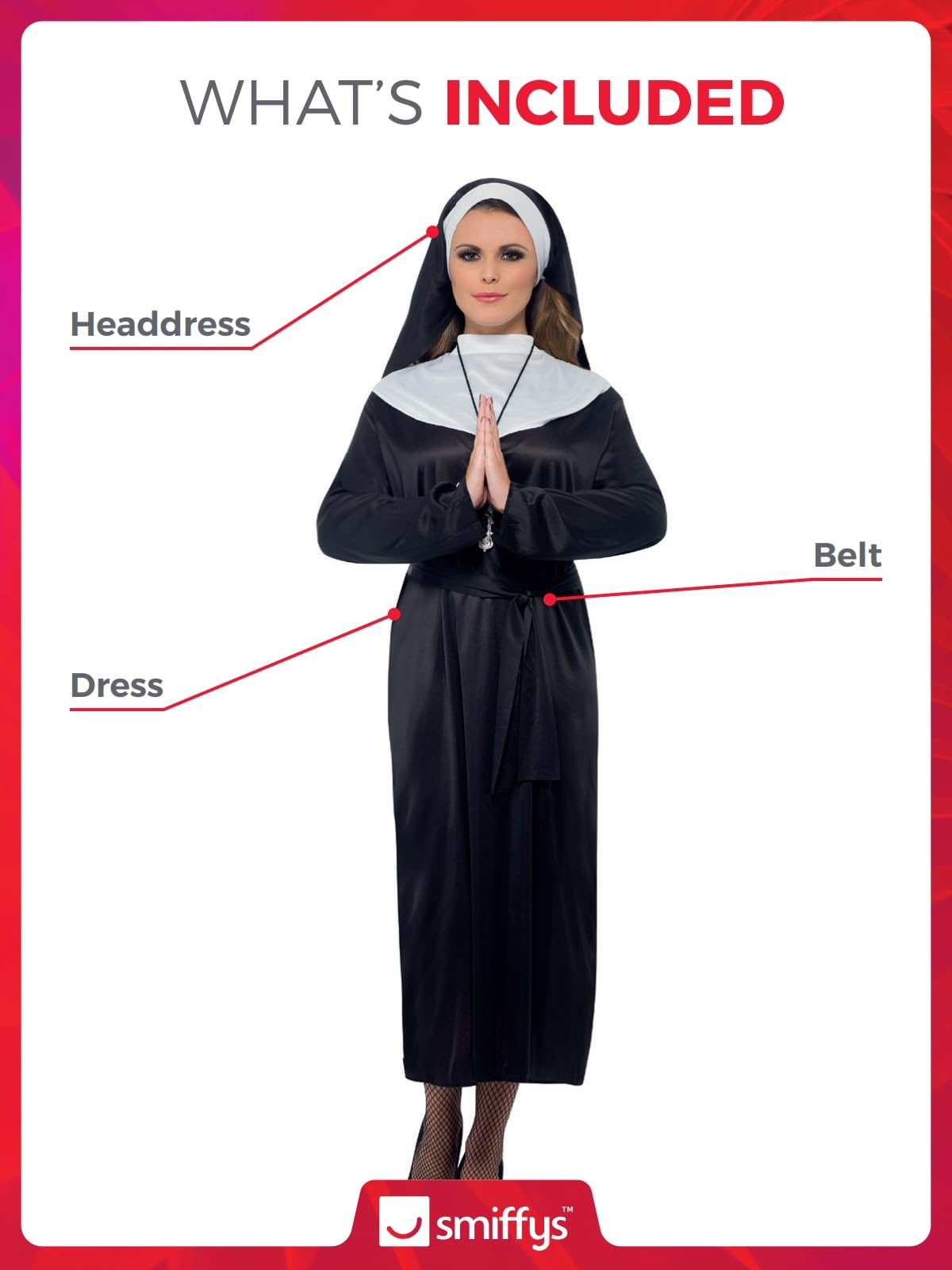 Smiffys Nun Costume - Women's UK Size 08-10 | Polyester | Includes Dress, Belt & Headdress